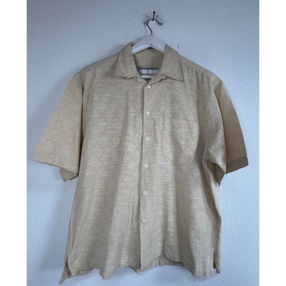 Jhane Barnes Men's Casual Button Up Shirt Size Large Geo Beige Short Sleeves